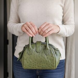 WEL JAPAN Rare OSTRICH Exotic Leather Military Green Handbag Tokyo